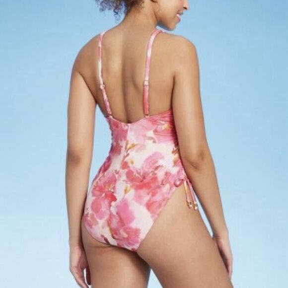 Women's Plunge Side Tie One Piece Swimsuit Shade & Shore Multi Floral Print XL - Picture 2 of 9